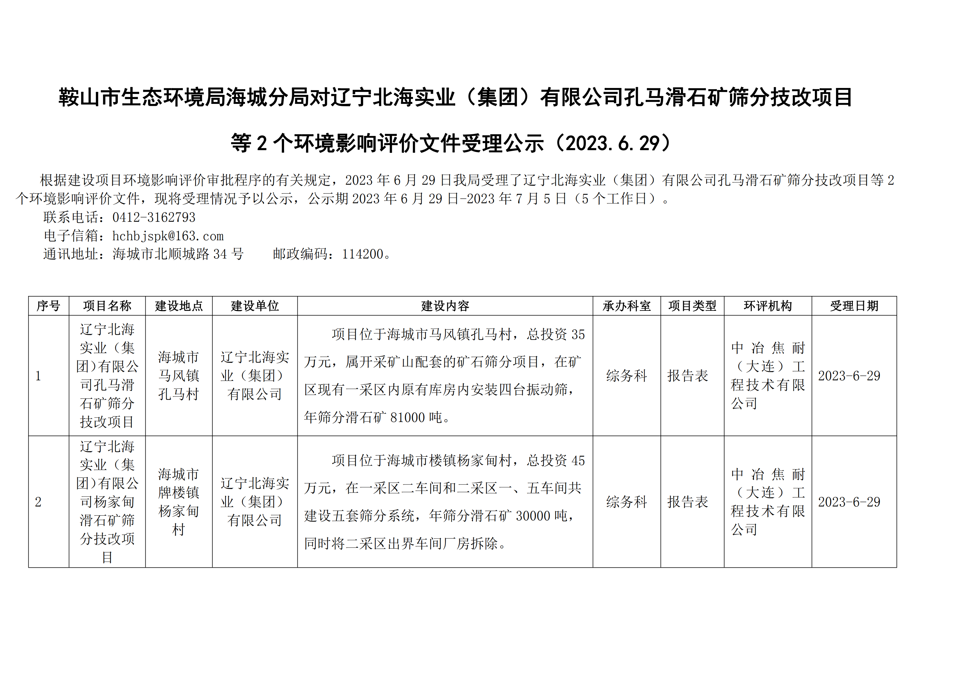 鞍山市生态环境局海城分局对辽宁北海实业（集团）有限公司孔马滑石矿筛分技改项目等2个环境影响评价文件受理公示_00.png