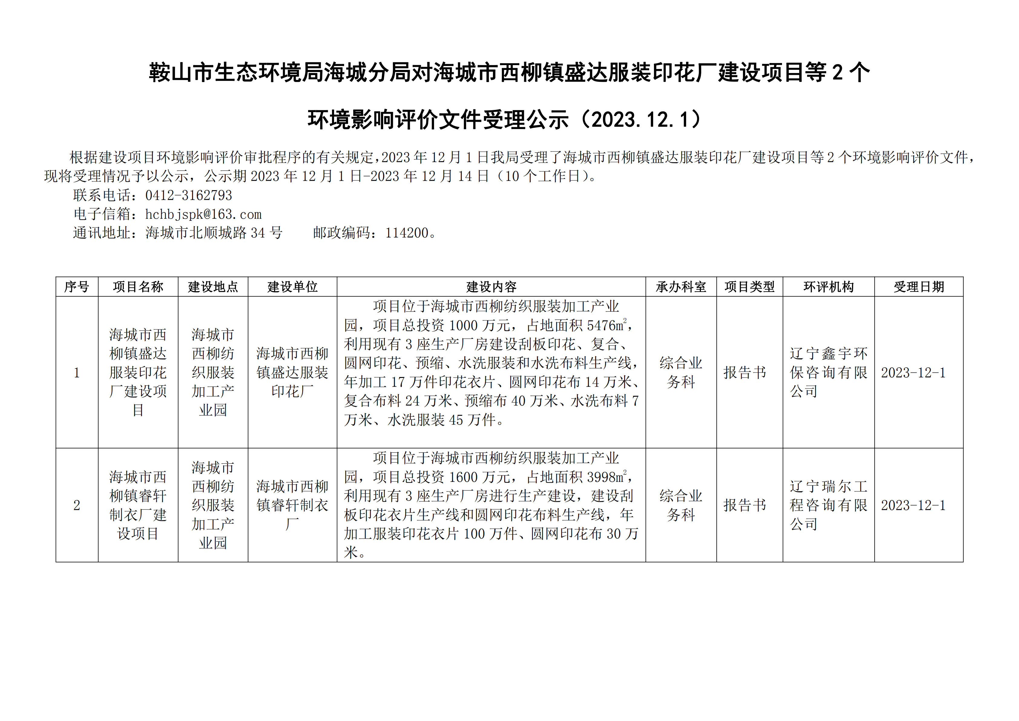 鞍山市生态环境局海城分局对海城市西柳镇盛达服装印花厂建设项目等2个环境影响评价文件受理公示_00.png