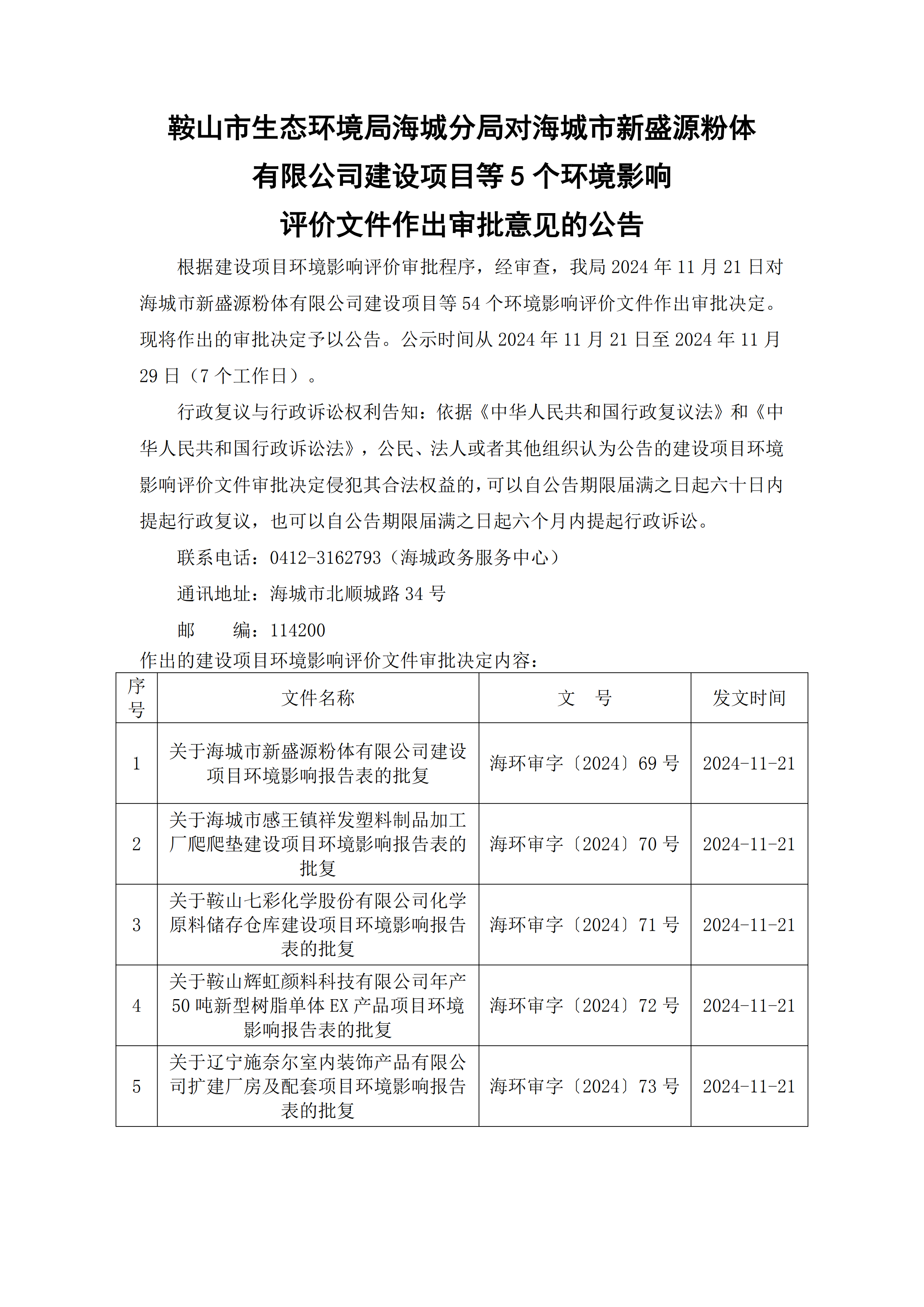 鞍山市生态环境局海城分局对海城市新盛源粉体有限公司建设项目等5个环境影响评价文件作出审批意见的公告_00.png