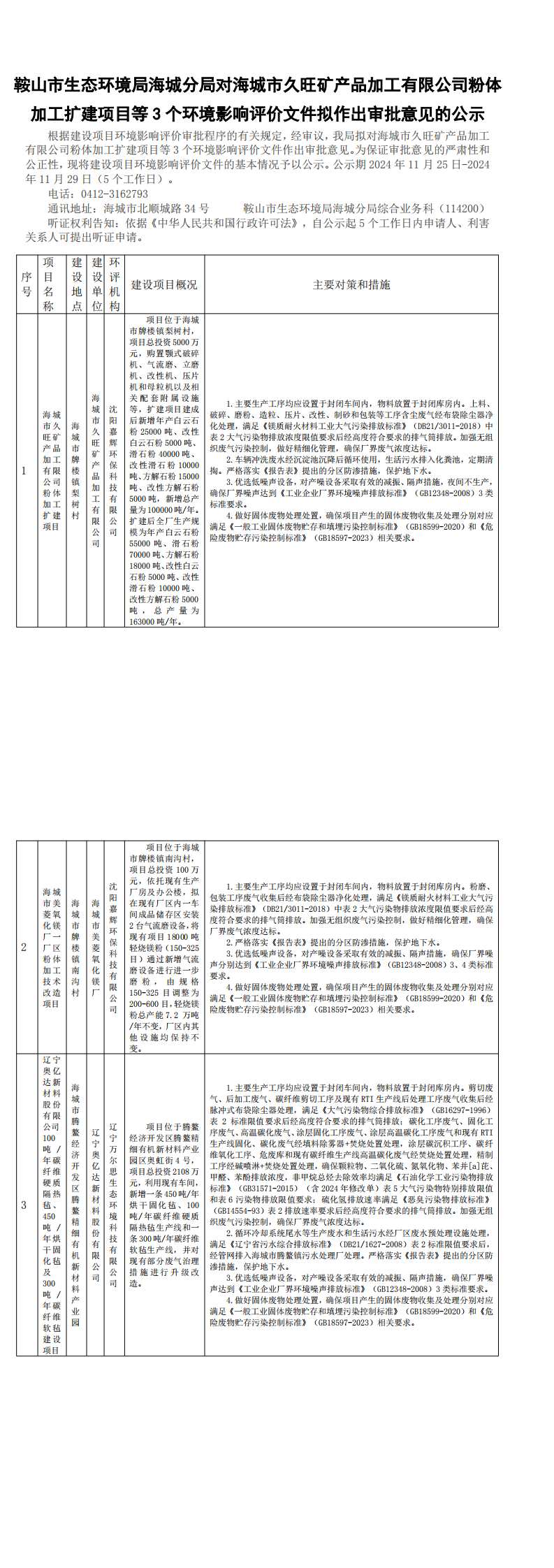 鞍山市生态环境局海城分局对海城市久旺矿产品加工有限公司粉体加工扩建项目等3个环境影响评价文件拟作出审批意见的公示_0.png