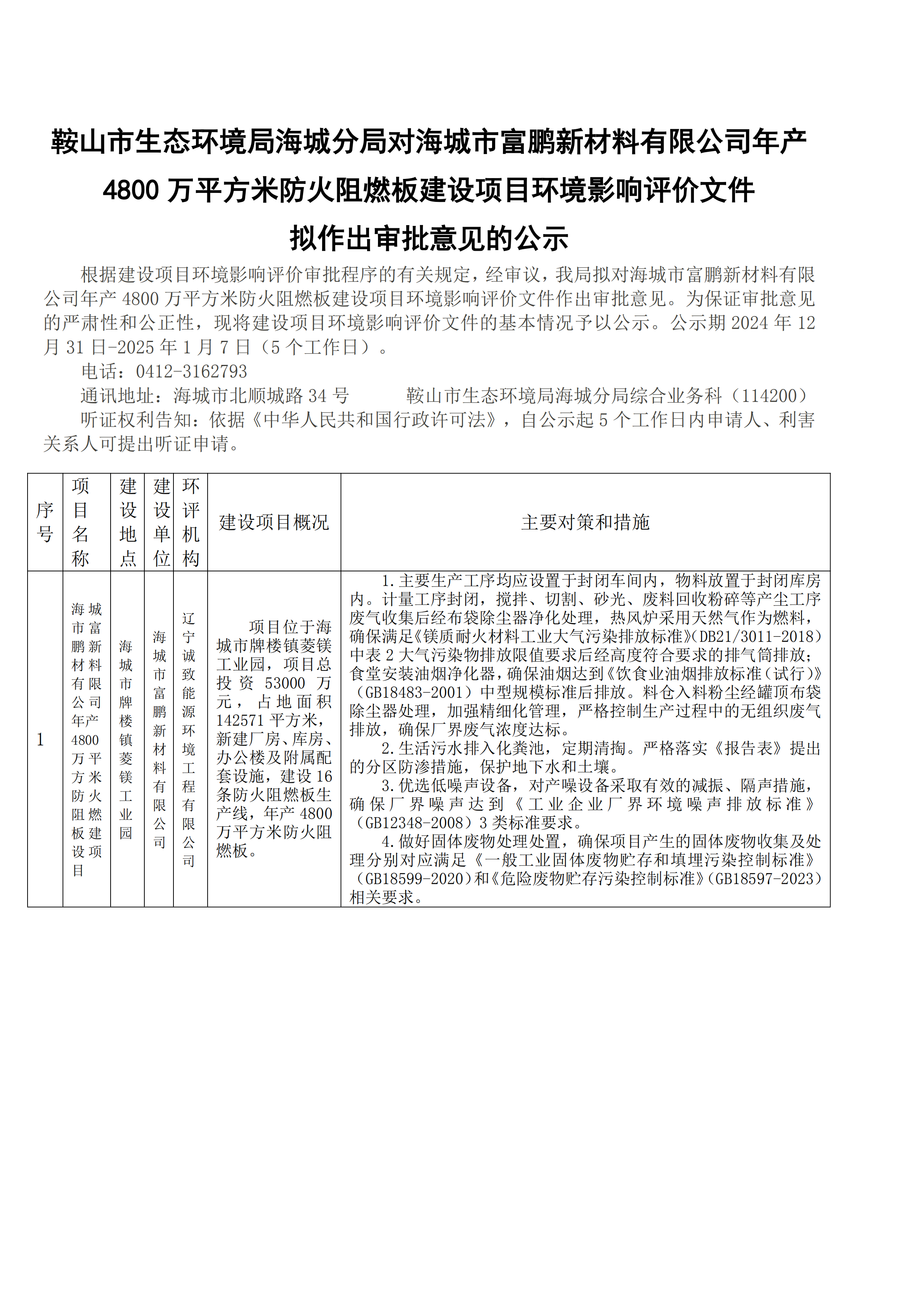 鞍山市生态环境局海城分局对海城市富鹏新材料有限公司年产4800万平方米防火阻燃板建设项目环境影响评价文件拟作出审批意见的公示_00.png