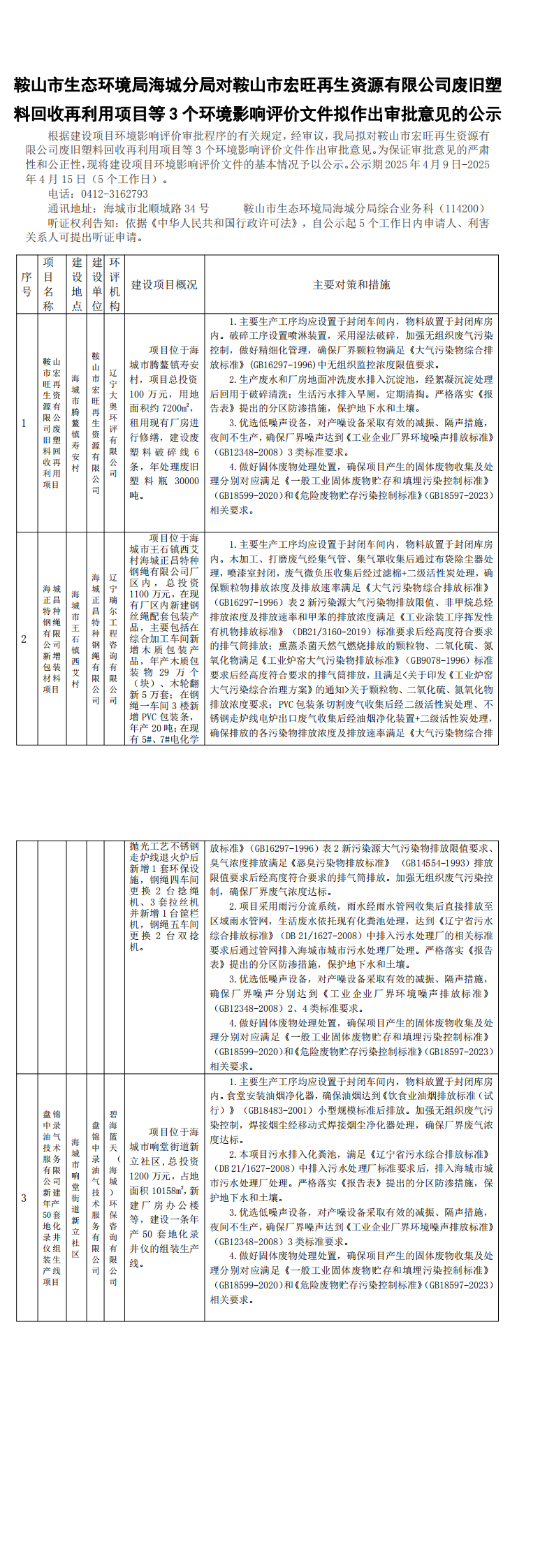 鞍山市生态环境局海城分局对鞍山市宏旺再生资源有限公司废旧塑料回收再利用项目等3个环境影响评价文件拟作出审批意见的公示_0.png