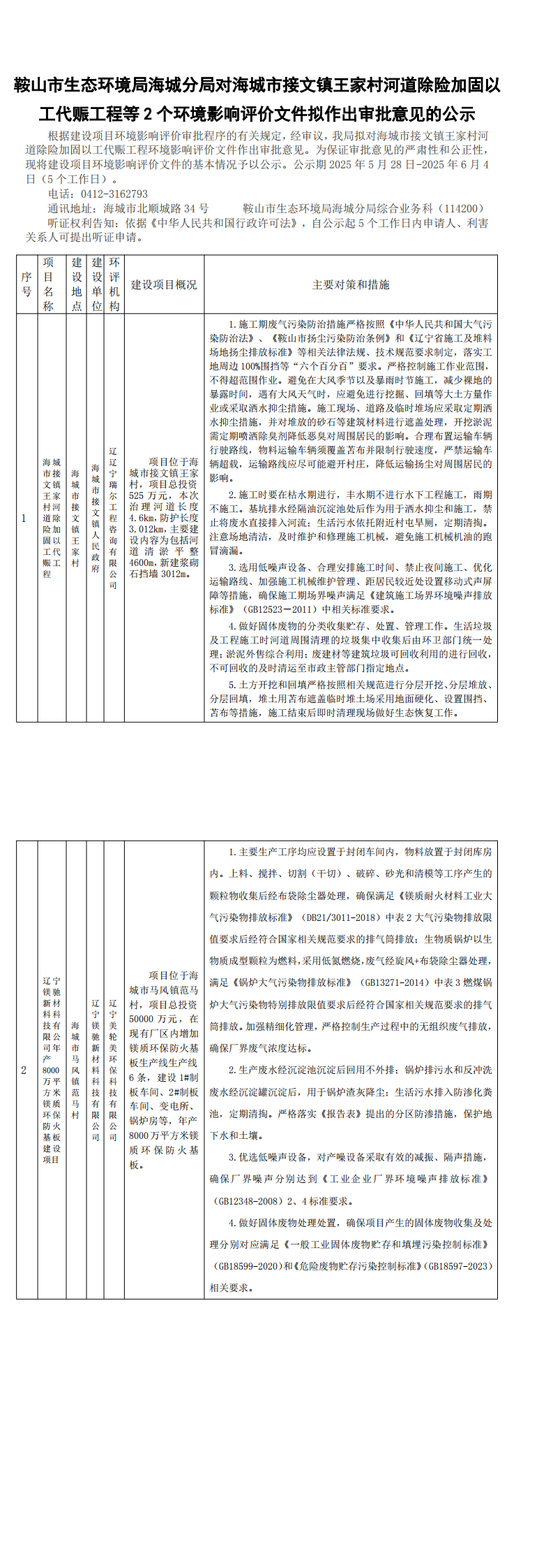 鞍山市生态环境局海城分局对海城市接文镇王家村河道除险加固以工代赈工程等2个环境影响评价文件拟作出审批意见的公示_0.png