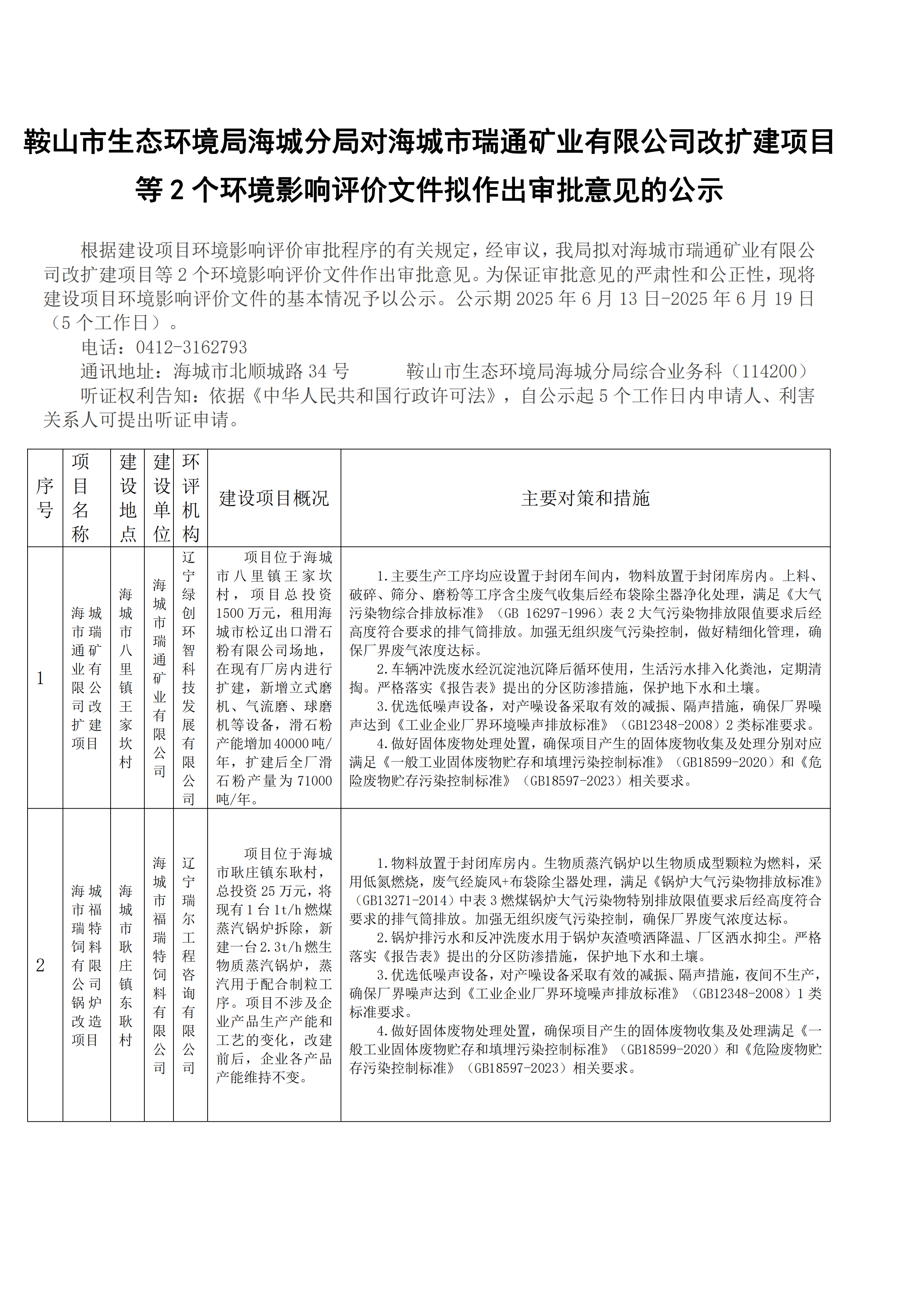 鞍山市生态环境局海城分局对海城市瑞通矿业有限公司改扩建项目等2个环境影响评价文件拟作出审批意见的公示_00.png