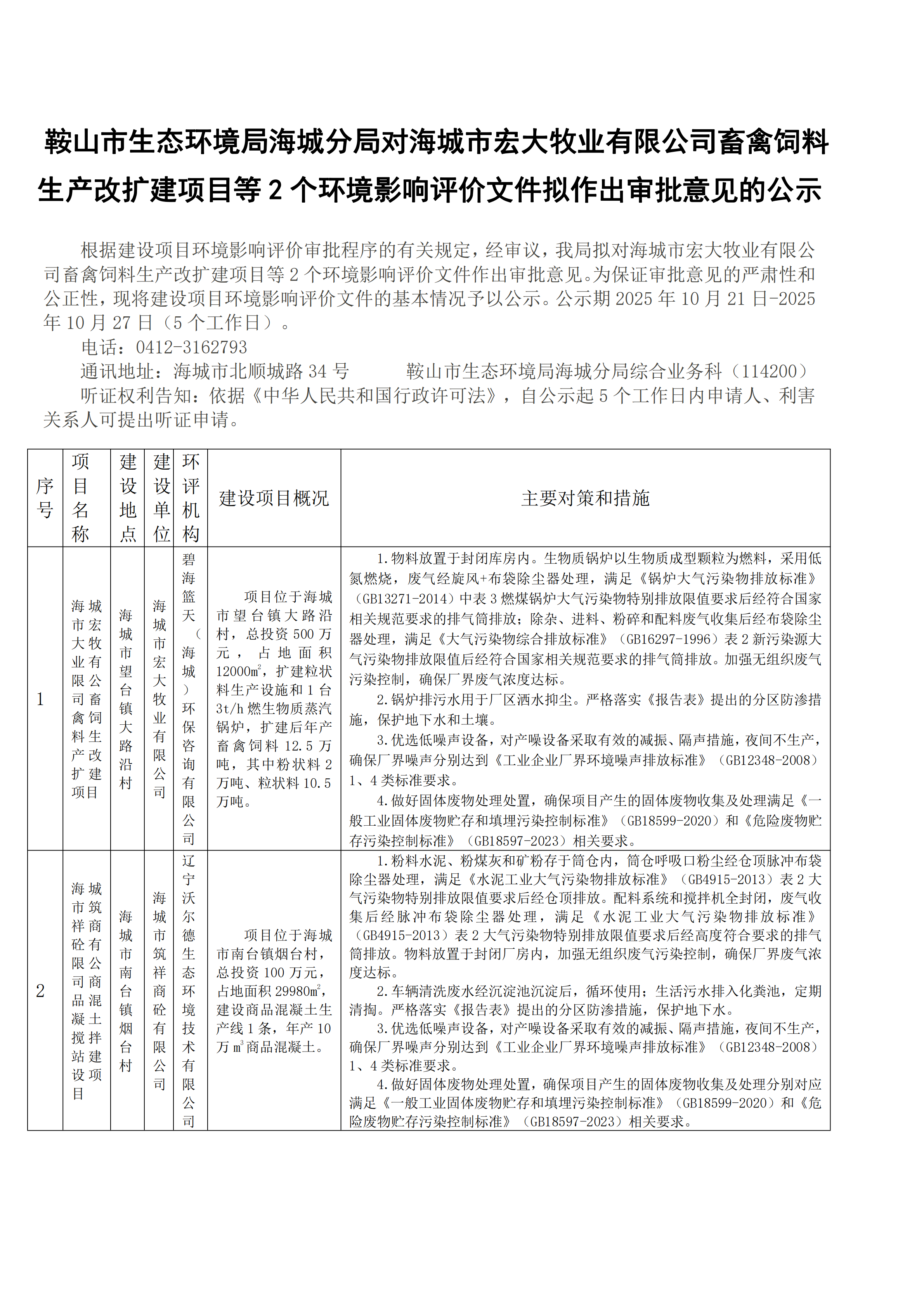 鞍山市生态环境局海城分局对海城市宏大牧业有限公司畜禽饲料生产改扩建项目等2个环境影响评价文件拟作出审批意见的公示_00.png