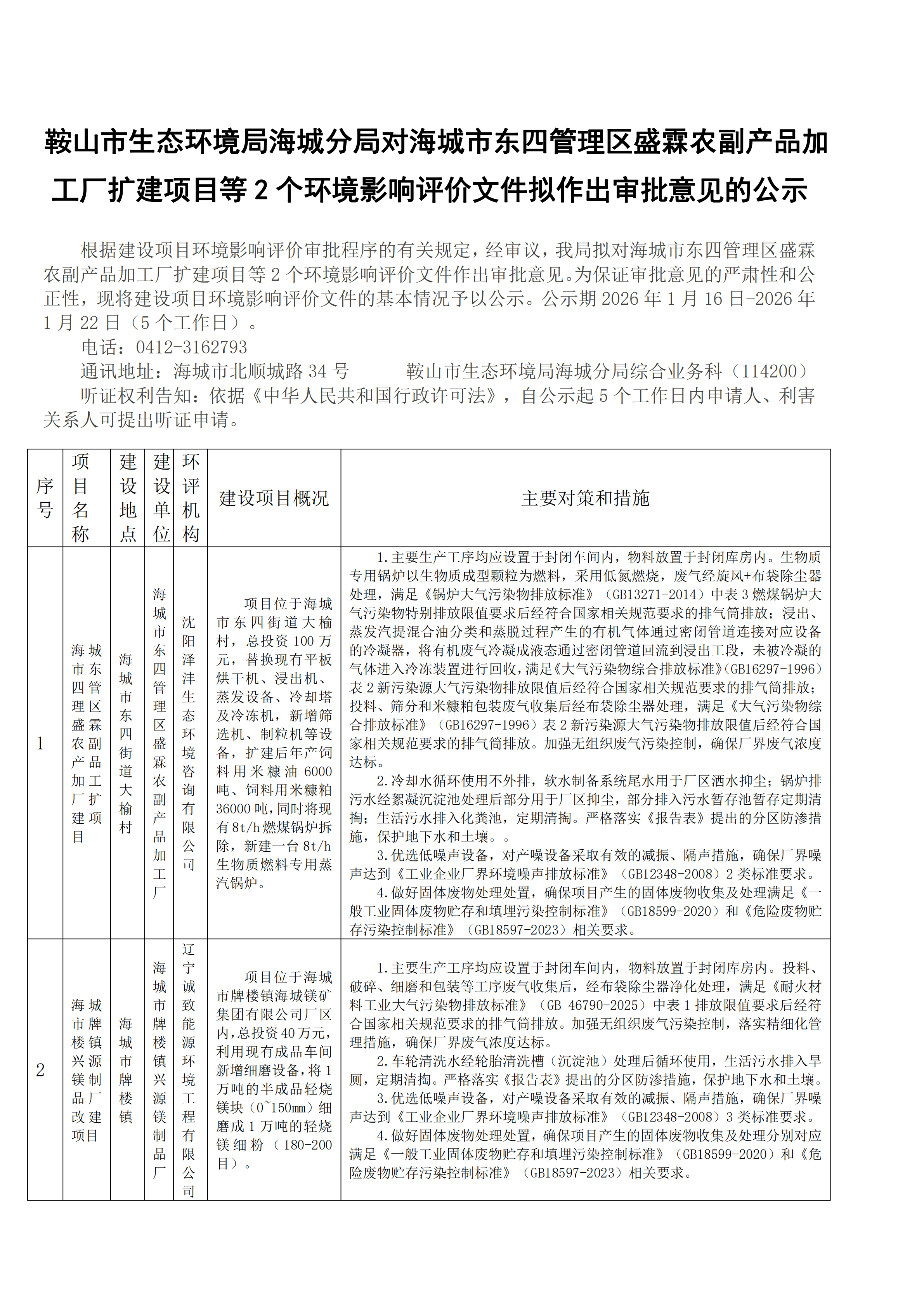 鞍山市生态环境局海城分局对海城市东四管理区盛霖农副产品加工厂扩建项目等2个环境影响评价文件拟作出审批意见的公示_00.png