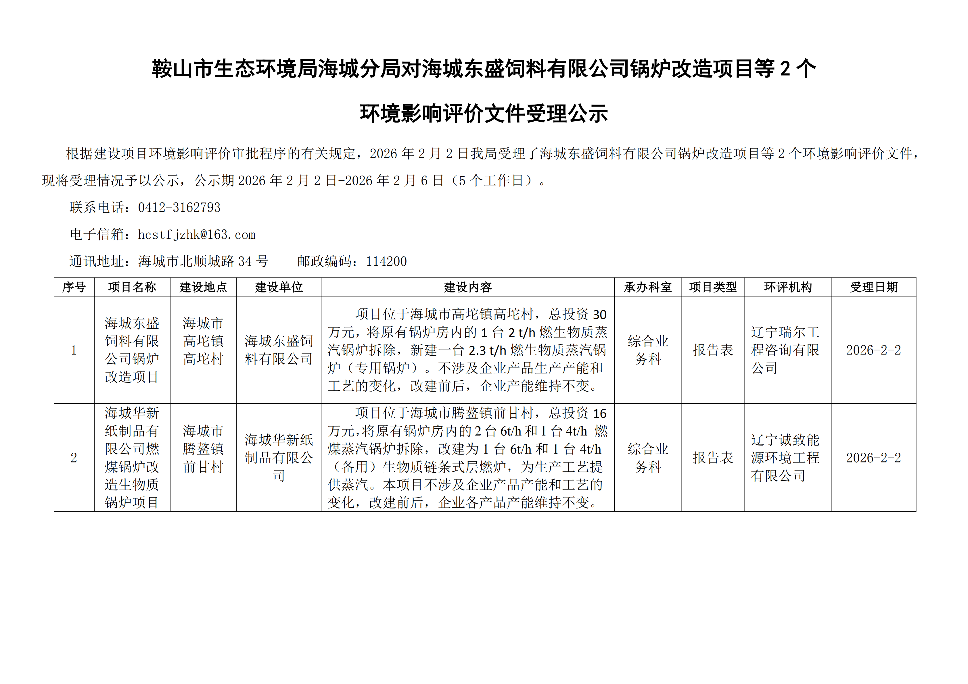 鞍山市生态环境局海城分局对海城东盛饲料有限公司锅炉改造项目等2个环境影响评价文件受理公示_00.png