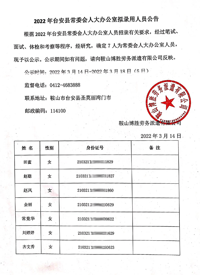 2022年台安县常委会人大办公室拟录用人员公告 身份证号隐藏.jpg