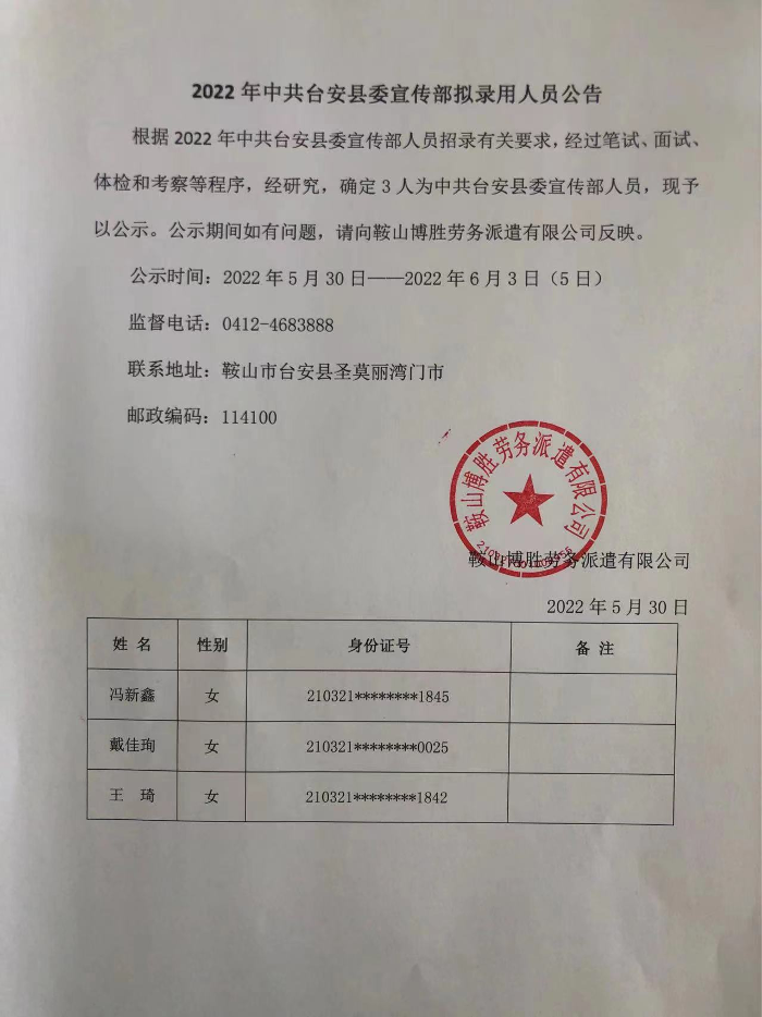 2022年中共台安县委宣传部拟录用人员公告1.png